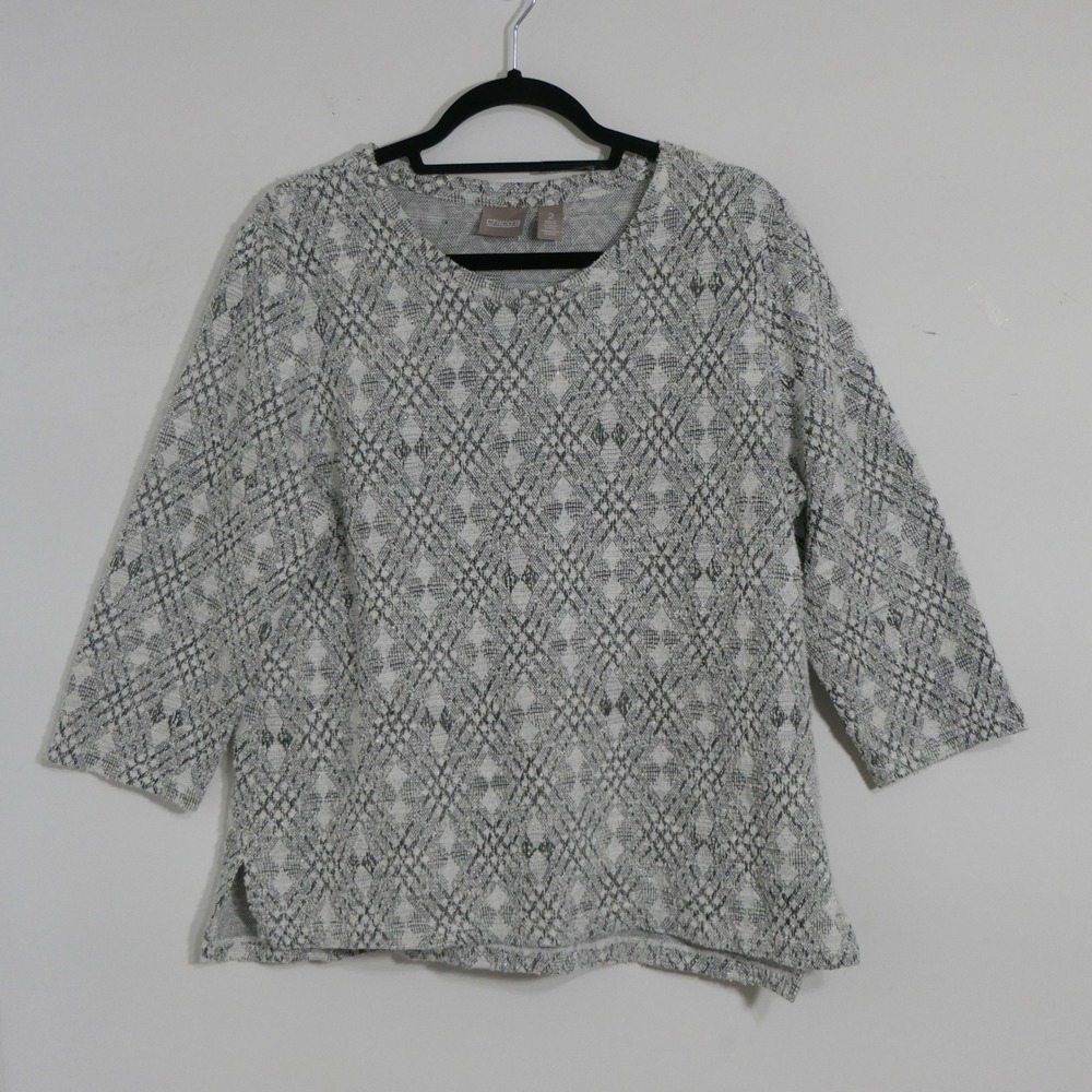 Chico's Women Tunic 2 Large White Grey Diamond Geometric Metallic Shimmer Party